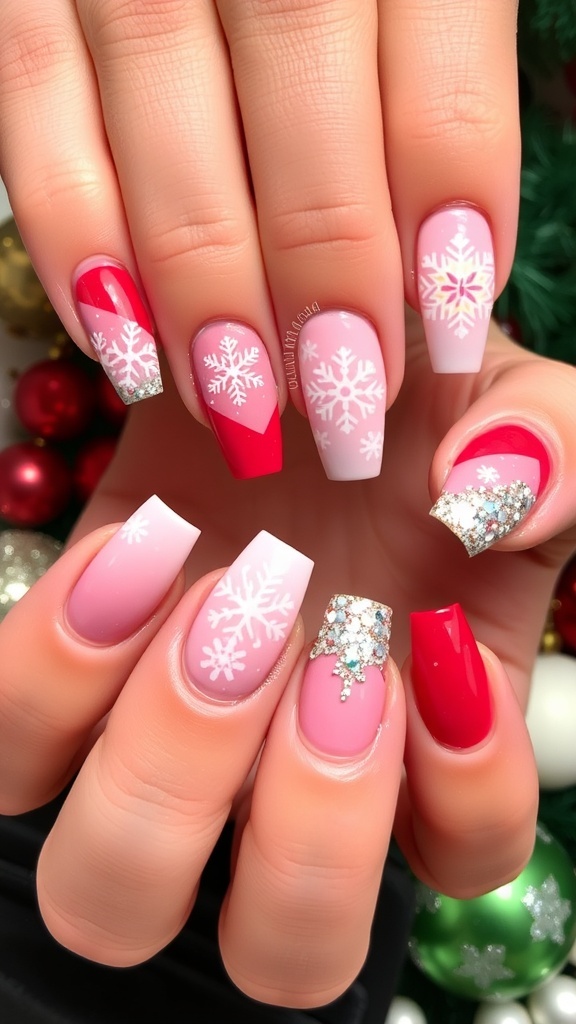 Elegant Pink and Red Christmas Nail Art Elegant pink and red Christmas nails with snowflake designs and glitter.